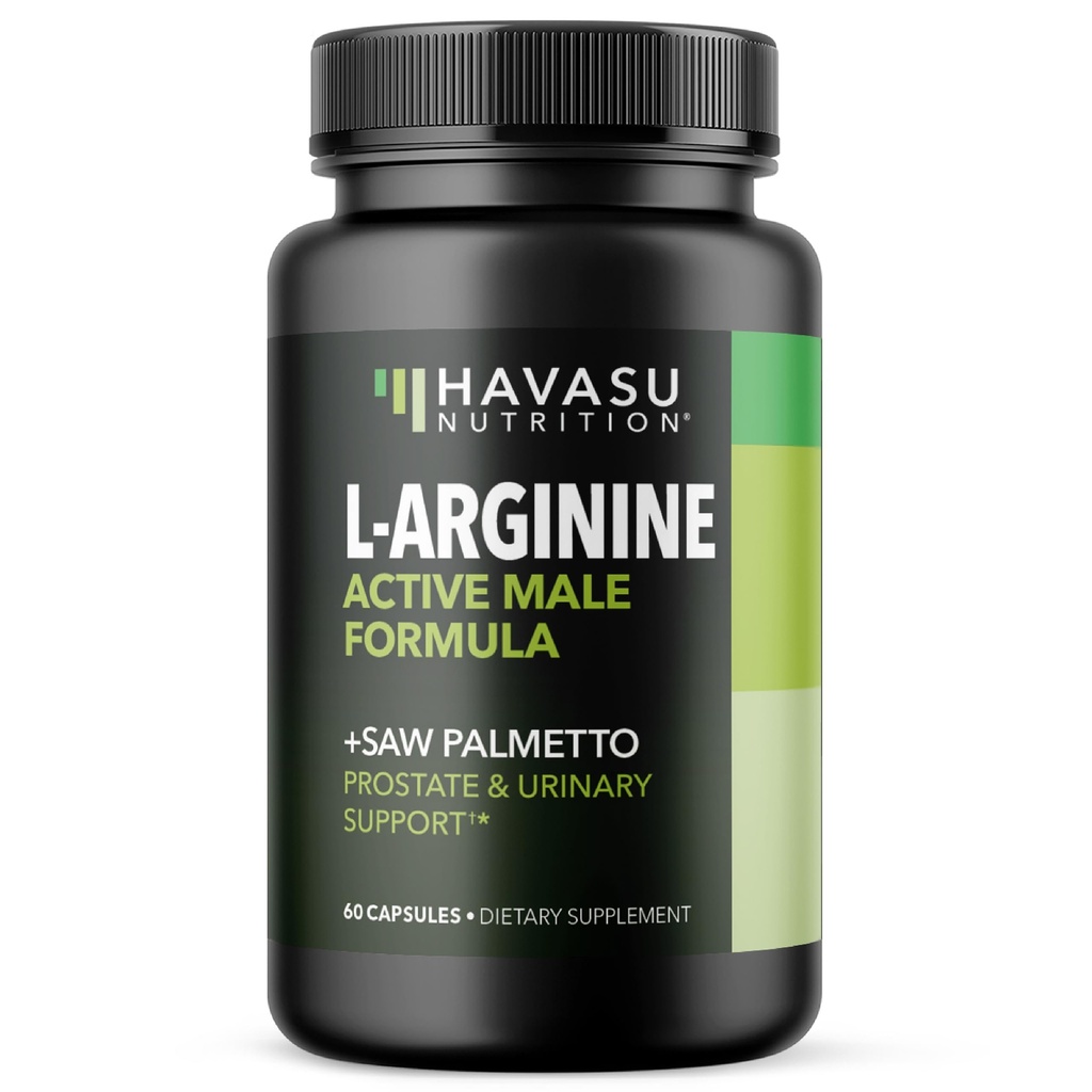 L-Arginine 500mg and Saw Palmetto 500mg - Nitric Oxide and Prostate Health Supplements for Men - 60 Count - Endurance and Urinary Tract Function Support - 1 Month Supply - Vegan, Non-GMO Capsules