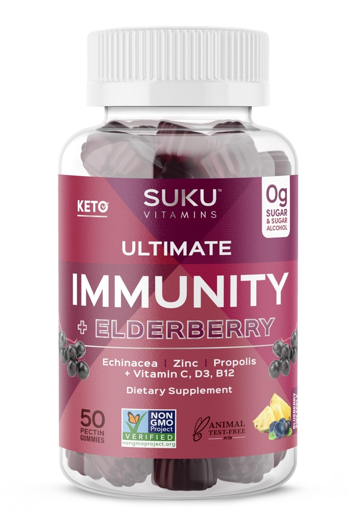 SUKU Witaminy - Ostateczny Immunitet - Elderberry Echinacea i Gummies Propolis dla immunologicznego wsparcia, Łatwy do żucia - Nie GMO, Gluten Sugar Free - Pomegranat Lime Flavored Gumy Witaminy, 50 Hrabia