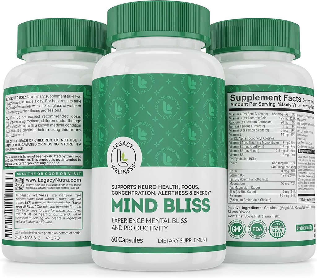 Suplement Mózgu Bliss Mind: pamięć 40- Składnikowa, Witaminy Focus & Clarity, Energy Boost & Nootropic Support z DMAE, 60 tabletek