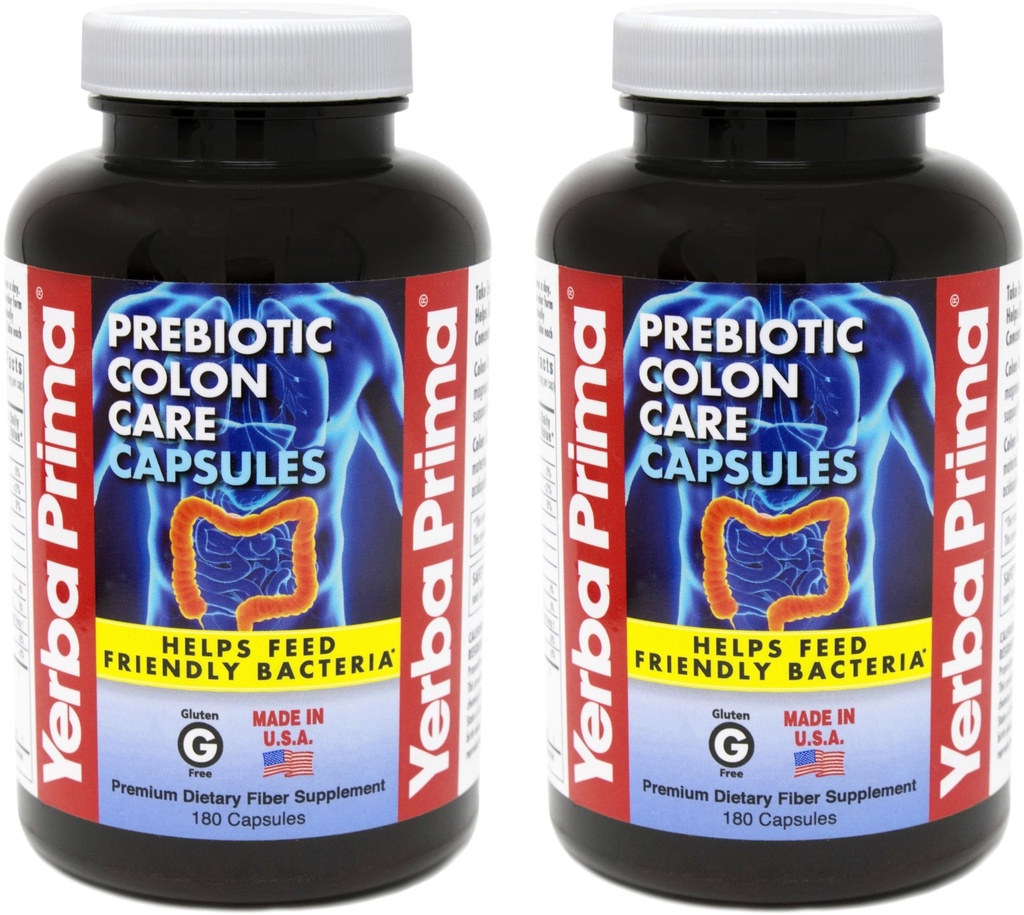 Yerba Prima Prebiotic Colon Care Kapsułki Fiber dietetyczny, 180 Count, (Pack of 2) - Pięć form Fiber Plus FOS Prebiotyki Suplement - Rozpuszczalny i nierozpuszczalny dla Regularności i Poparcie pokarmowe