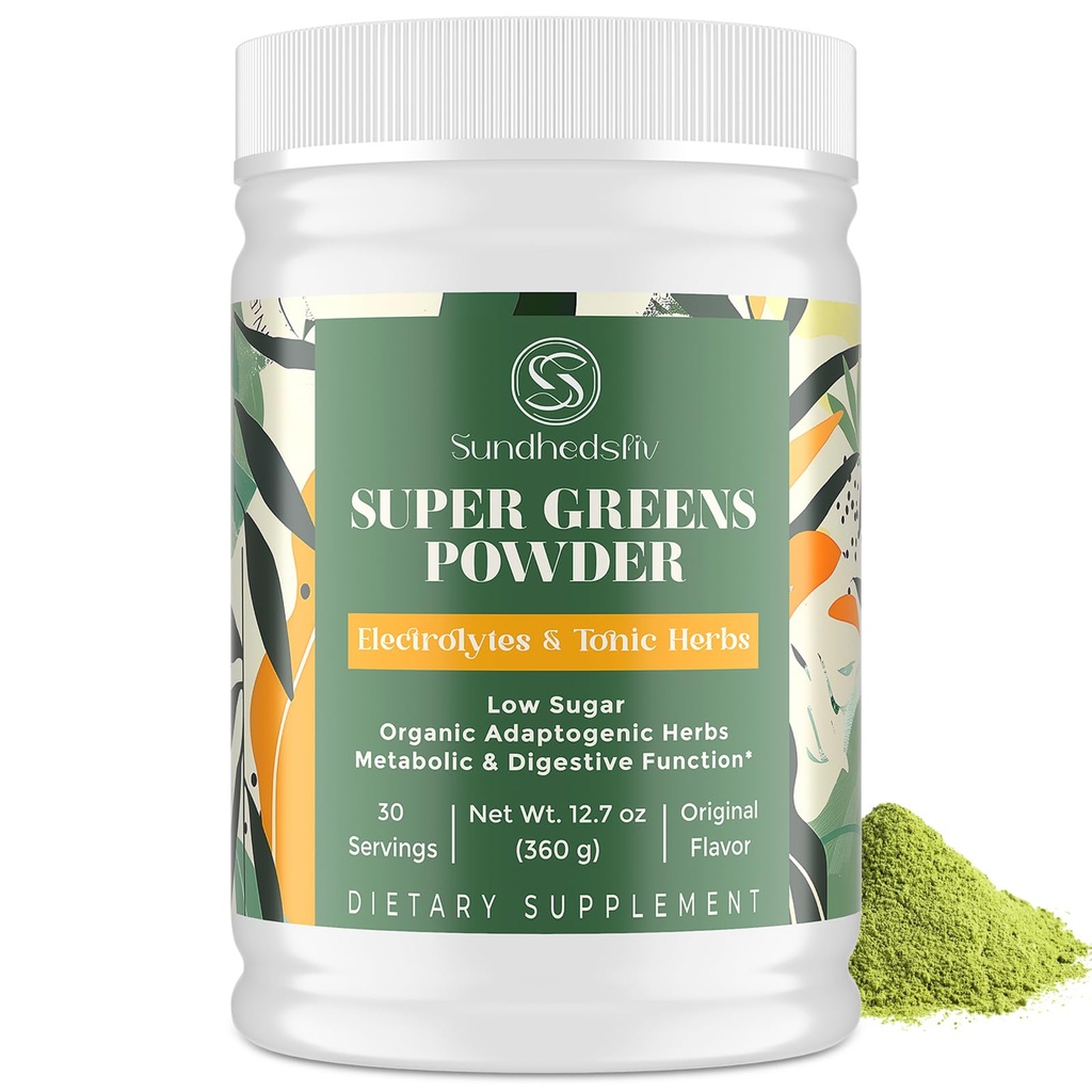 Super Zielony Proszek Superfood + Elektrolity & Zioła toniczne 124; Zielone rośliny organiczne, Shilajit, Adaptogeny, Przeciwutleniacze, Preobiotyczne & Probiotyczne i Postbiotyczne 124; dla energii, Gut & Immune 124; Niesmakowane - 30 Sługi