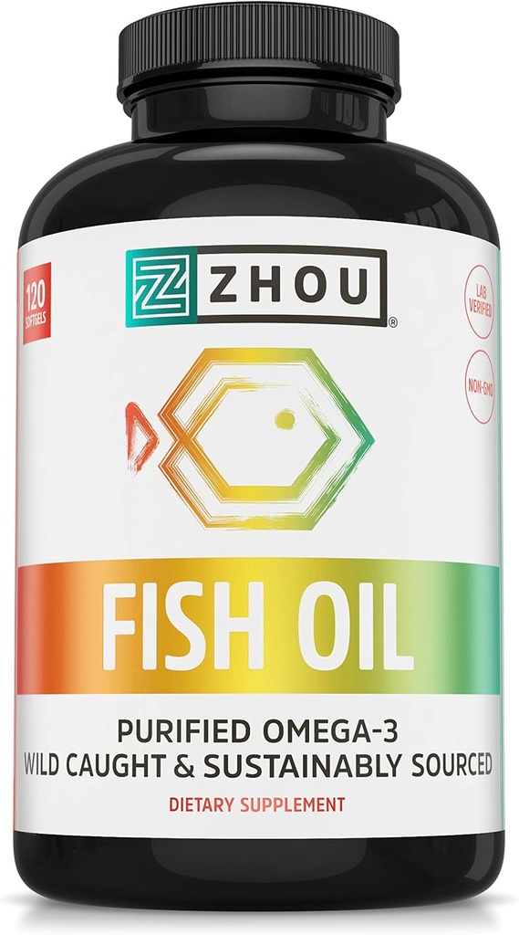 Zhou Fish Oil - Fish Oil Supplement for Women & Men, Omega 3 Fatty Acid, Naturalne źródło DHA & EPA dla dorosłych, Burless, Pure, Heart & Joint Health - 120 Softgels