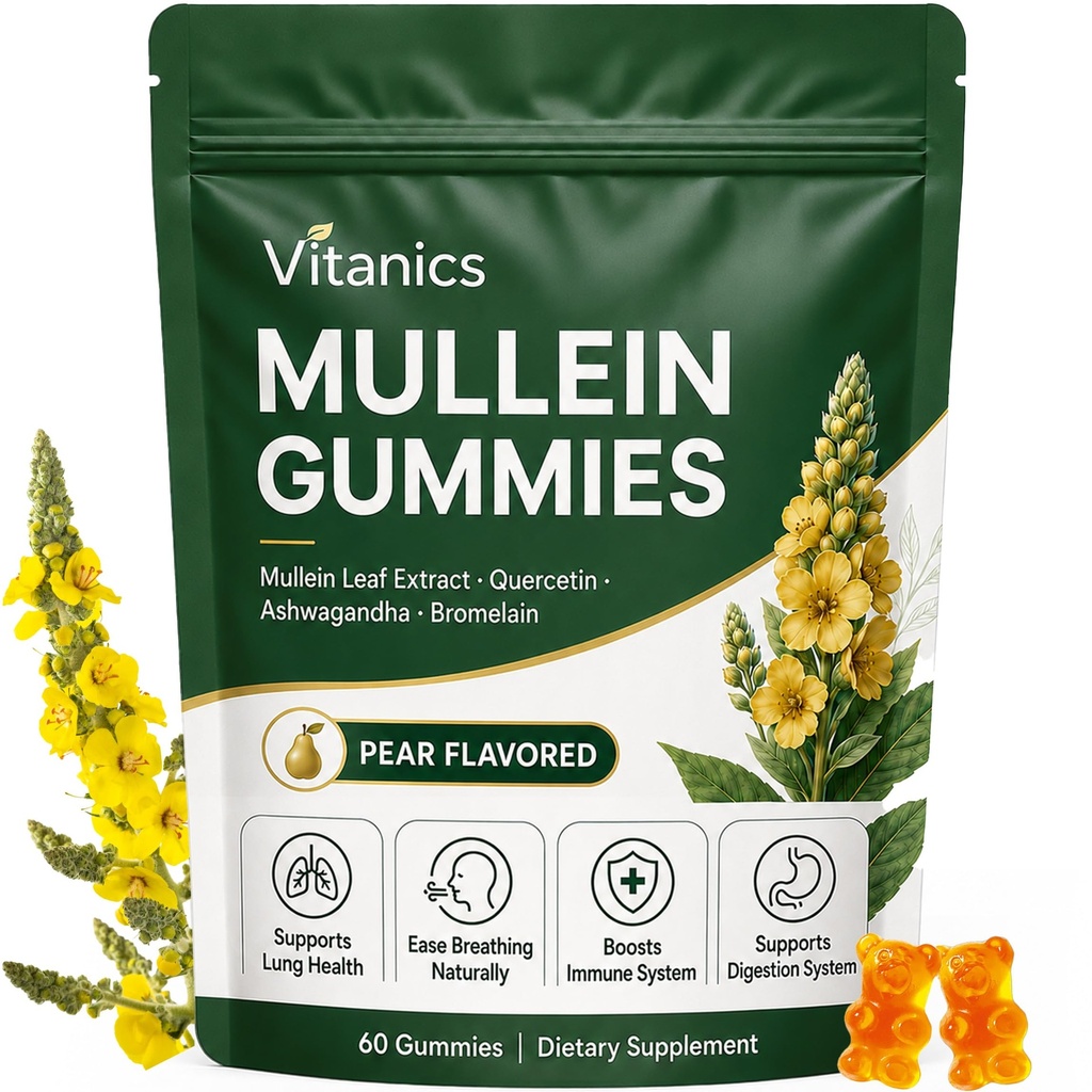 Mullein Gummies, Codzienne Gummies zdrowia oddechowego, 1000mg Mullein Leaf herb Extract, Pear Flavor, Lung Health & Sinus Relief (30 Day Supply)