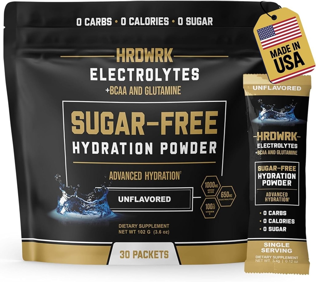 Pakiety proszkowe HRDWRK Electrolytes z Magnezem, Sodu potasu, Nawodnienia Keto - Pakiety proszkowe BCAA Electrolyte z glutaminą, 30 Pakiety proszkowe Electrolytes Sugar Free (Unflavored)
