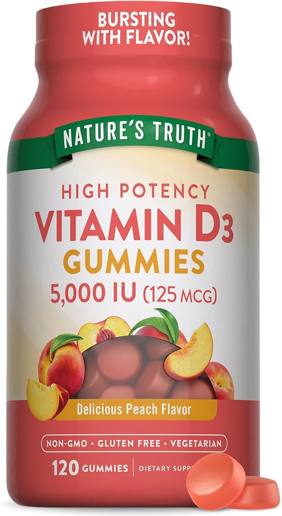 Nature 's Truth Witamina D3 Gummies Bilans 124; 5000 IU 124; 120 Hrabia 124; Wegetarianin, Non-GMO & Gluten Free Supplement Amend124; Naturalny aromat brzoskwiniowy, Opakowanie z 1