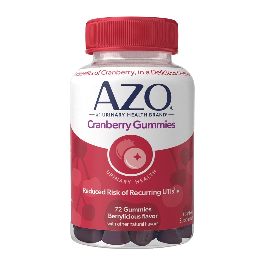 AZO Żurawinowe Urynary Tract Health Gummies Suplement diety, 2 Gummies = 1 Szkło Sok żurawinowy, Pomaga oczyścić i chronić, Natural Berrylicious Flavor, Non-GMO, 72 Gummies