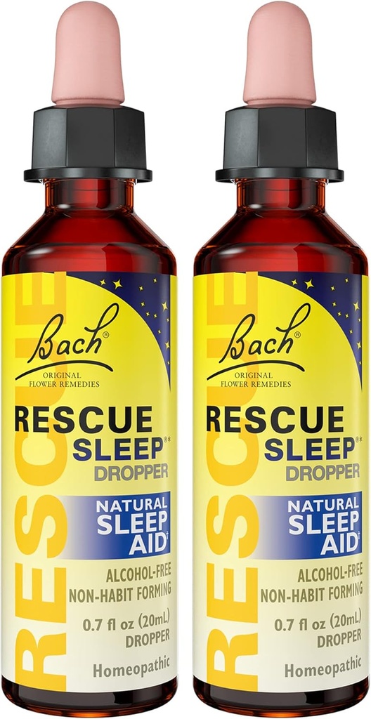 Bach Rescue Sleep Dropper, Natural Seep Aid, Homeopatyczna Esencja Kwiatu, wolny od melatoniny, Cukier, & Gluten, Przyjazny dla rodzin, Non-Alkohol Formula, 2 Pack, 20 ml Ea
