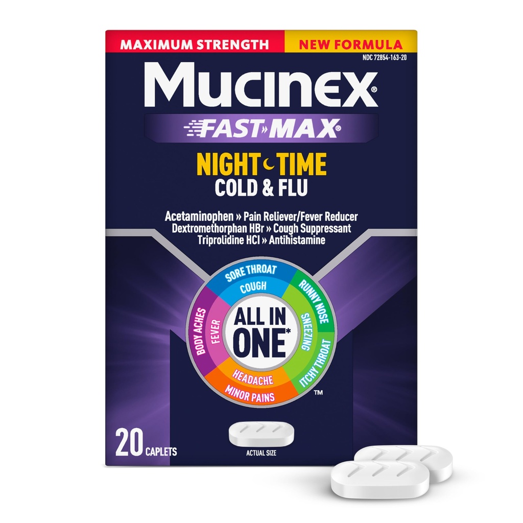 Mucinex Nightshift Cold & Flu, Maksymalna siła potężna wieloobjawowa ulga nocna, 20 kapilet szybkiego uwalniania - Reliever Pain / Fever Reducer, Cough Supressant, Antyhistamina