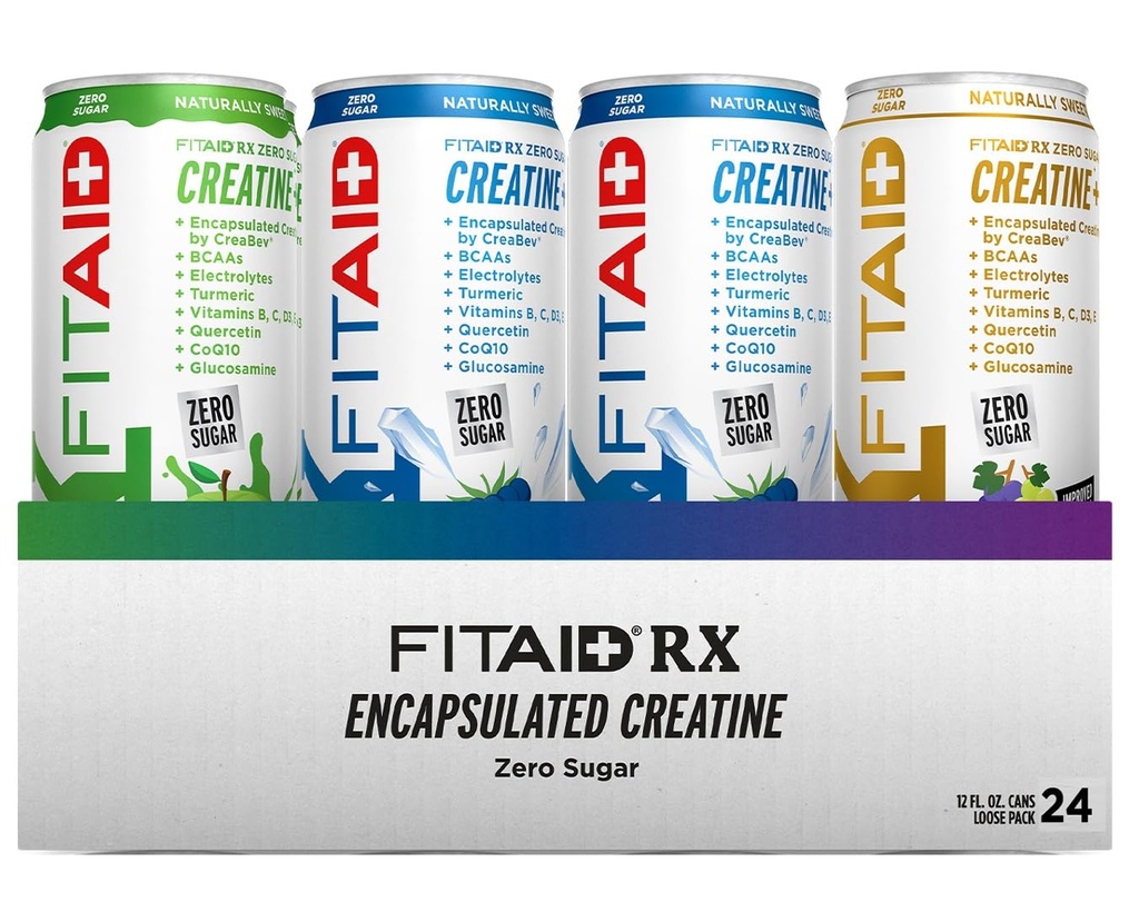 FITAID RX Zero Cukier, Kreatyna enkapsulacyjna, Drink recovery, All- In- One Blend, BCAA, Glukozamina, Turmeric, B- Complex, Electrolytes, Variety Pack, 12 Fl Oz (Opakowanie po 24)