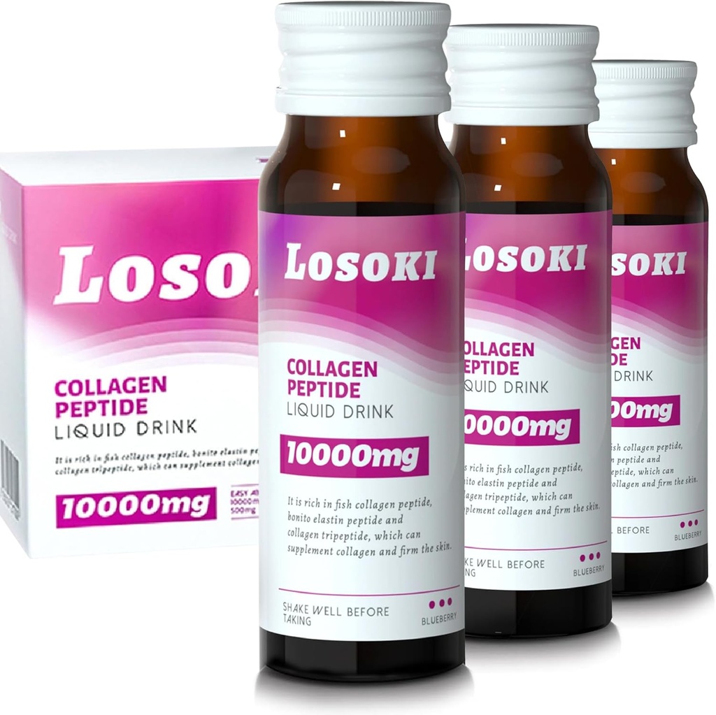 Losoki Liquid Collagen Peptyde Drink - 10000mg Zhydrolizowany Kolagen Marine Peptydes z witaminą C, Premium Mieszanka, Promowanie Zdrowych włosów skóry paznokci łączące kości, (1 Pudełko, 10 butelek)