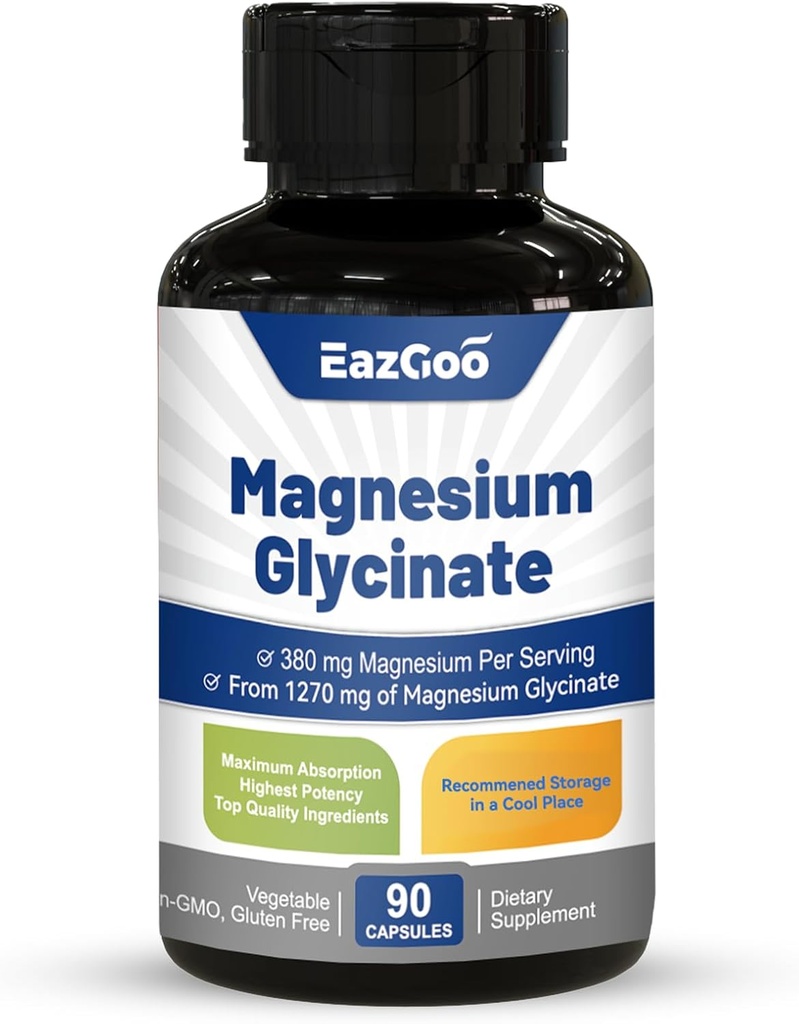 Magnezu Glicynian Kapsułki 1270mg, 380mg Suplement magnezu, Wysoka Absorpcja Magnezu Glicynian Suplement, Non-GMO No Gluten, 90 Kapsułki