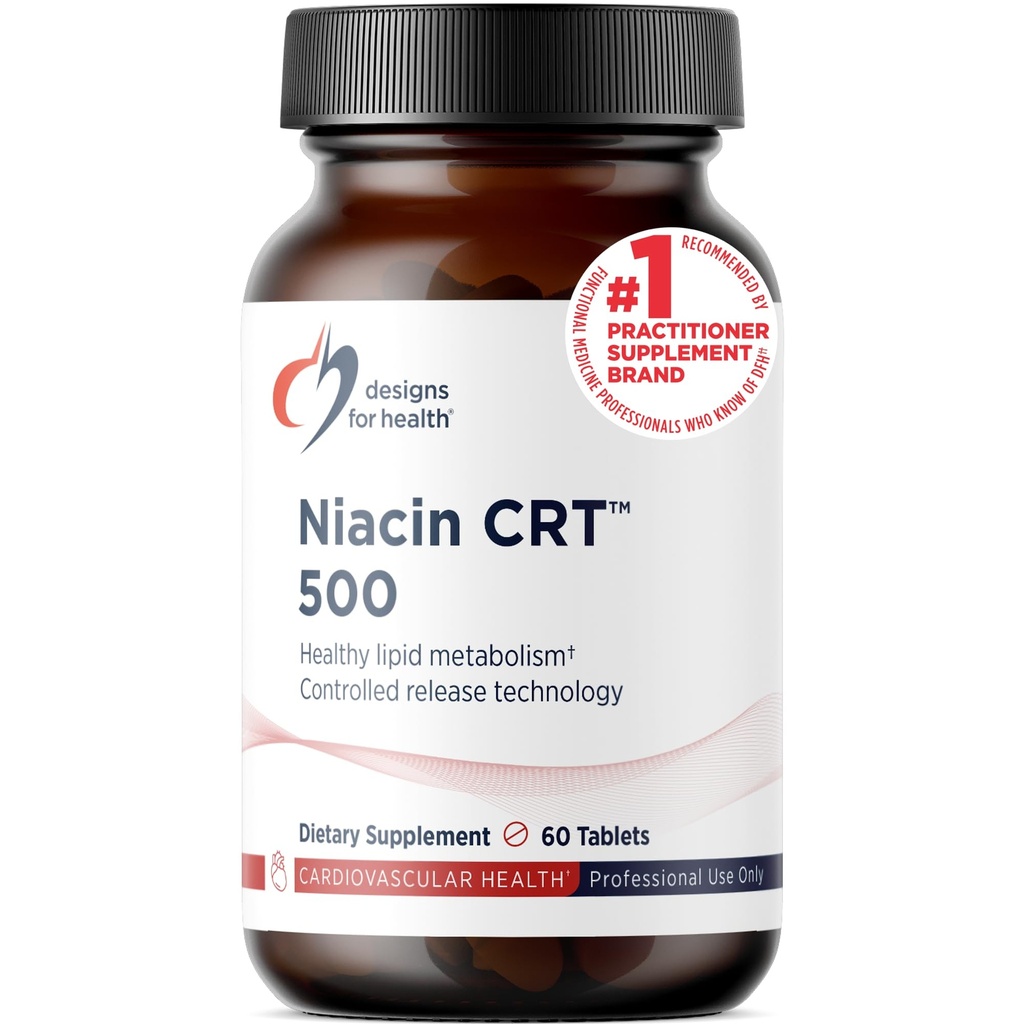 Designs for Health Niacin 500mg - Niacin CRT Witamina B3 (Kwas nikotynowy), Kontrolowane tabletki o powolnym uwalnianiu, aby pomóc zminimalizować kolor - Non-GMO, suplement gluten (60 tabletek)