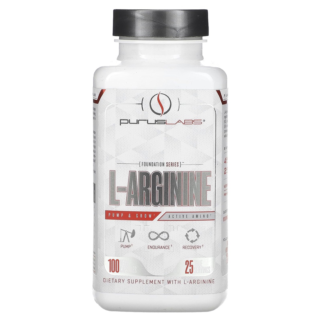 Purus Labs L- Arginine Aktywny kwas aminokwasowy 124; Wytrzymałość, Pompy, & Muscle Growth Growth 124; Tlenek azotu dla zwiększonego przepływu krwi 124; 25 Służenie, 100 Kapsułki wegetariańskie