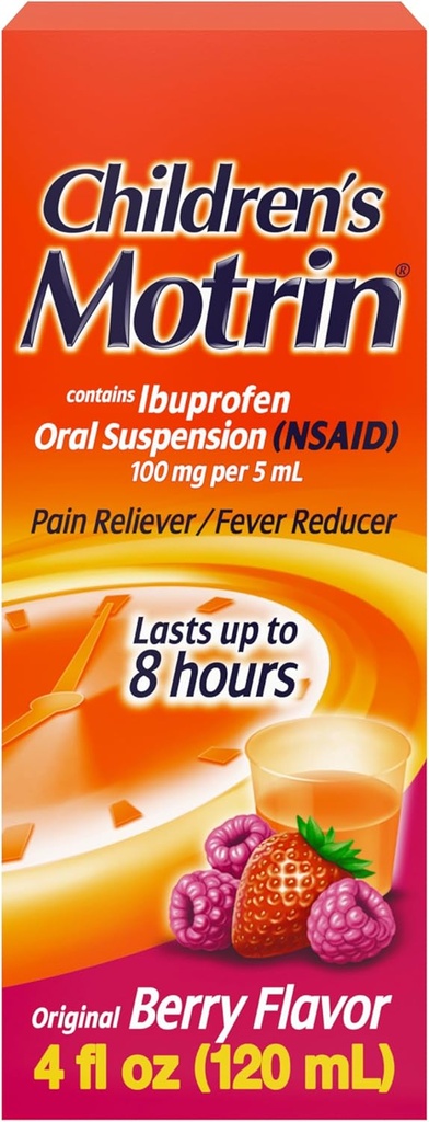 Motrin Oral Suspension Medicine, 100 mg Ibuprofen, Reducer Gorączka dla dzieci i ból Reliever dla drobnych ache & Pains Ze względu na zimno & Flu, Alkohol-wolne, Berry Flavored, 4 fl. oz