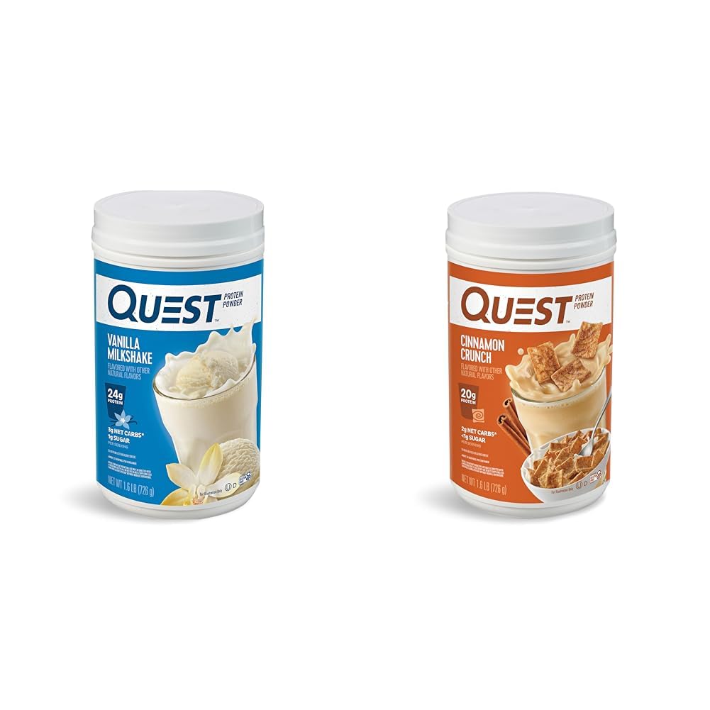 Quest Nutrition Vanilla Milkshake Protein Powder, 24 g białka, 1 g cukru, 1.6 funt, 23 Servings & Cinnamon Crunch Protein Powder, 20 g białka, 2g karb netto, 1 g cukru, niski węglowodór