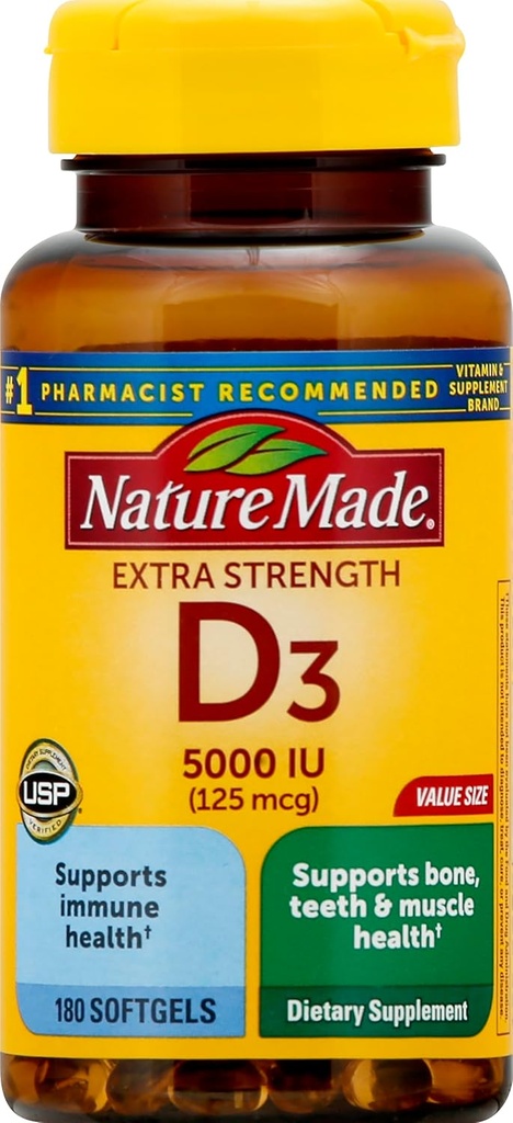 (125 µg), 180 Softgels Value Size, wysoka moc Witamina D pomaga wspierać immunologiczne zdrowie, silne kości i zęby, & Funkcja mięśni