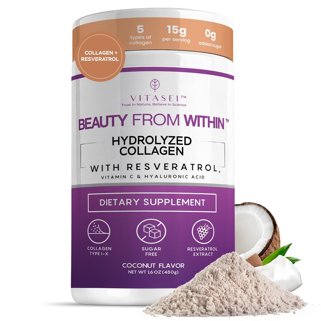 VITASEI Zhydrolizowany Kolagen Peptydy Proszek z witaminą C & Resveratrol - Włosy, skóra i paznokcie Witaminy dla Kobiet i Mężczyzn - Kokosowe dodatki zapachowe - 16 oz