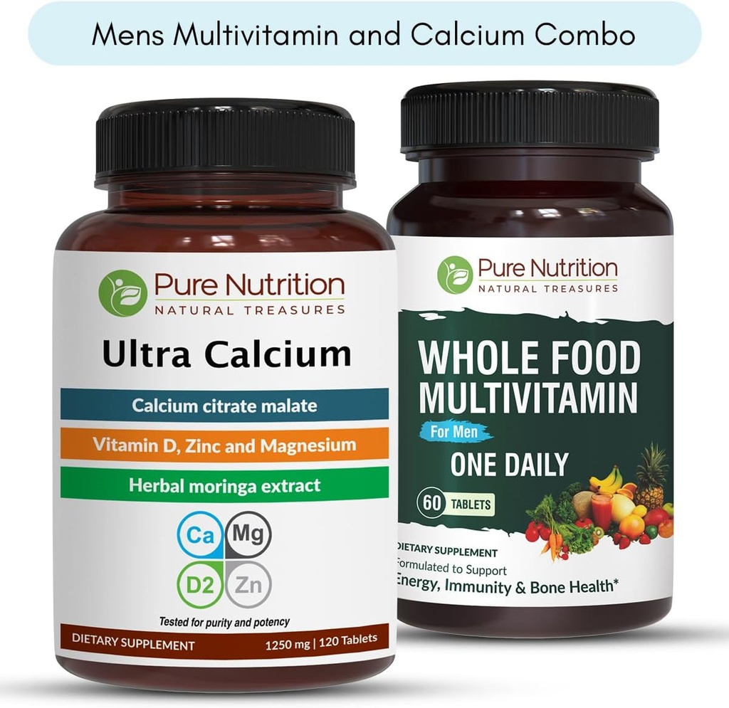 Pure Nutrition Ultra Wapń 1000mg i Whole Foods Mens Multivitamin 1500mg dla zdrowych kości, połączeń i ogólnego wellness. Ultra Wapń 90 Tabs + Mens Multivitamin 60 Tabs.