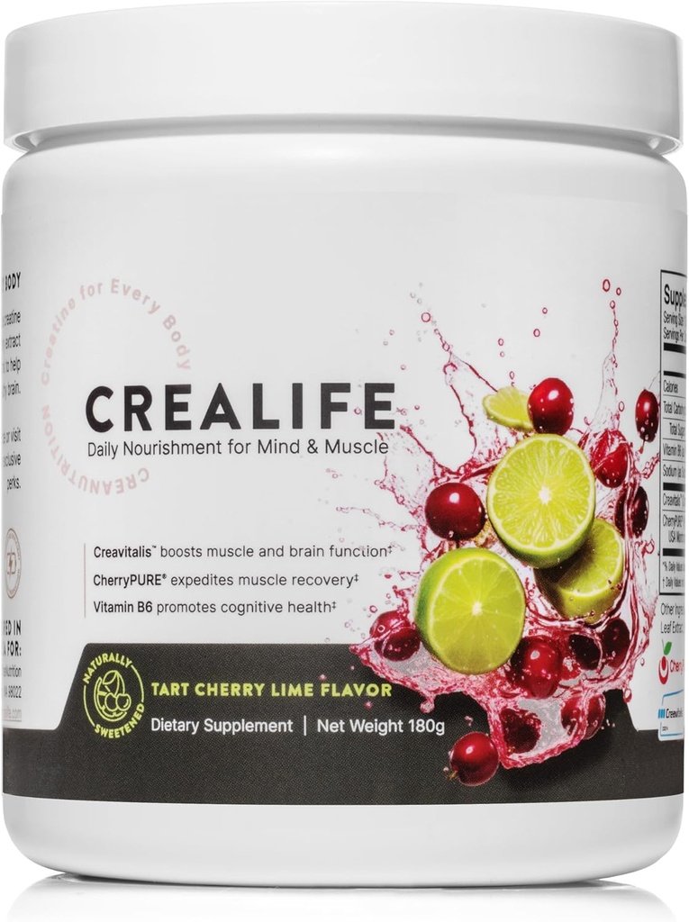 Niemiecki Stwórca Mikronizowany + USA Tart Cherry + Witamina B6 - Suplement do ćwiczeń przed i po dla kobiet i mężczyzn, Tarta Cherry Lime Flavor, Bezkawowe Nourishment dla ciała i mózgu