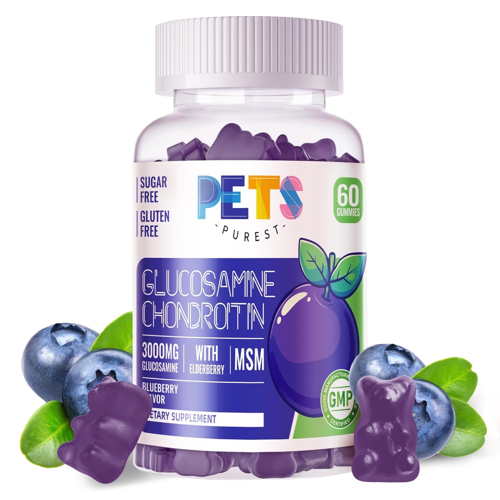 Zwierzęta domowe Najczystsza Glukozamina Gummies Chondroitin z musm & Elderberry Extra Siła - Wspólne wsparcie, Antyoksydant suplement immunologiczny dla dorosłych, Mężczyźni & Kobiety.60 Gummies jagodowe