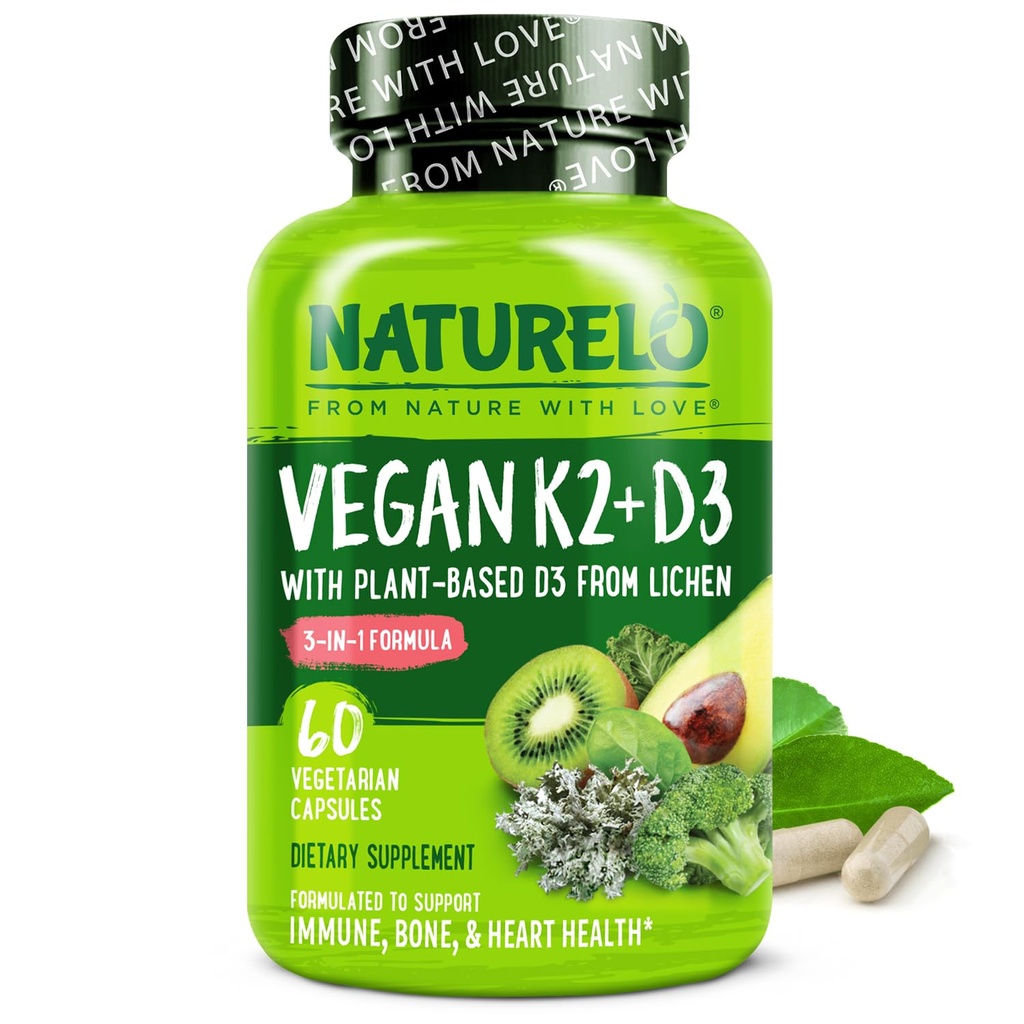 NATURELO Witamina D3 K2 - Wegan z rośliną D3 z Lichen - Naturalny suplement do systemu immunologicznego, Wsparcie dla kości, Heart Health - Całość żywności - Nie-GMO - Gluten Free, 60 Kapsułki