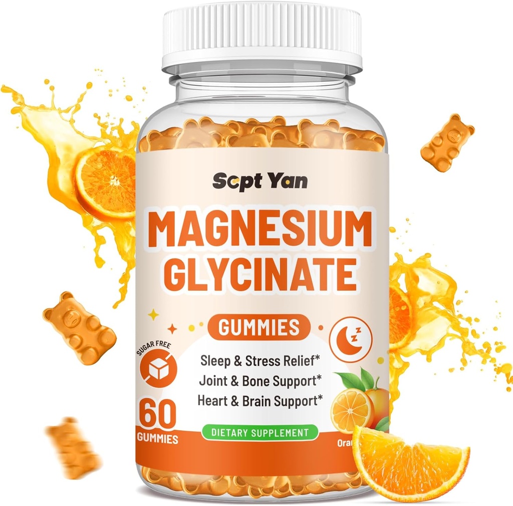 Magnezu Gummies dla dorosłych - Magnezu Glucynian Suplement z witaminą B6, L- teaniną, Witaminą D, CoQ10 - Magnezu Comlex Gummies dla nastroju, kości i mięśni, Cukier Wolny Flavor Pomarańczowy 60