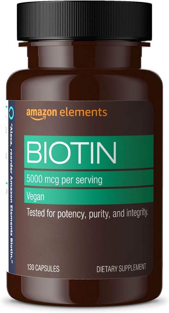 Elementy Vegan Biotin 5000 µg - Włosy, Skóra, paznokcie, 130 Kapsułki (4 miesięczny zapas) (Opakowanie może się różnić)