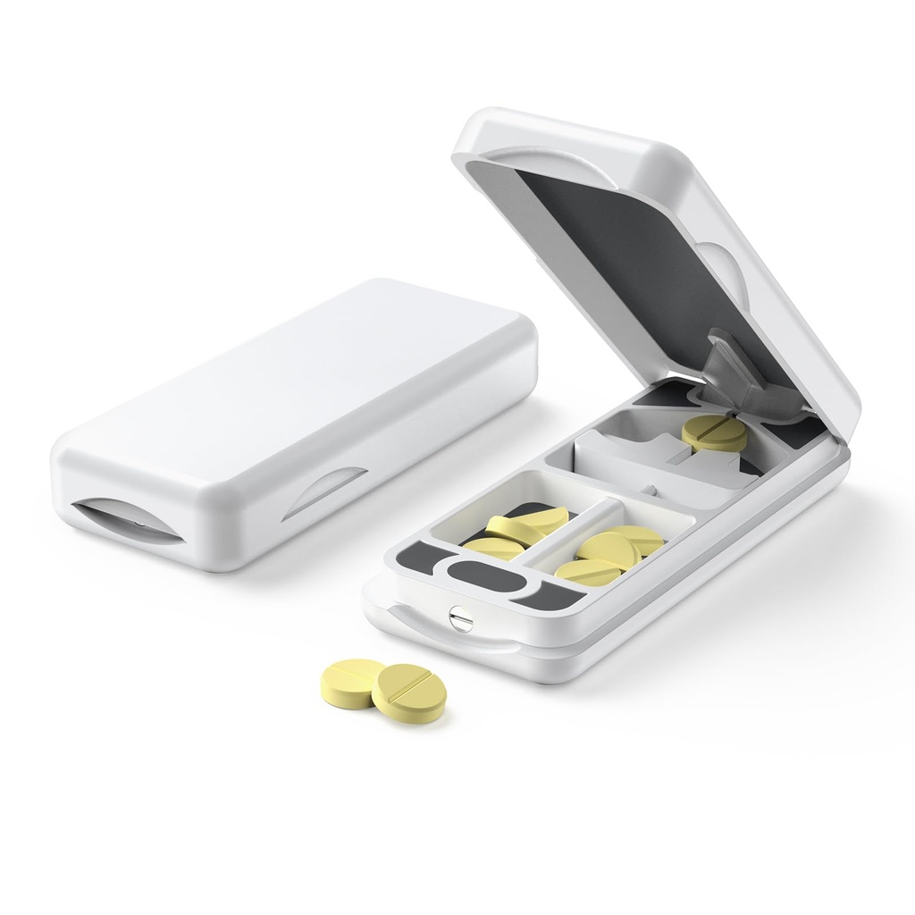 Pill Cutter z Auto Cinter Device, Aluminium Pill Splitter z 316L Ostrze ze stali nierdzewnej, Oryginalna skórzana skrzynia, Profesjonalny Pill Splitter do cięcia małych pigułek lub dużych pigułek (plastik, biały)