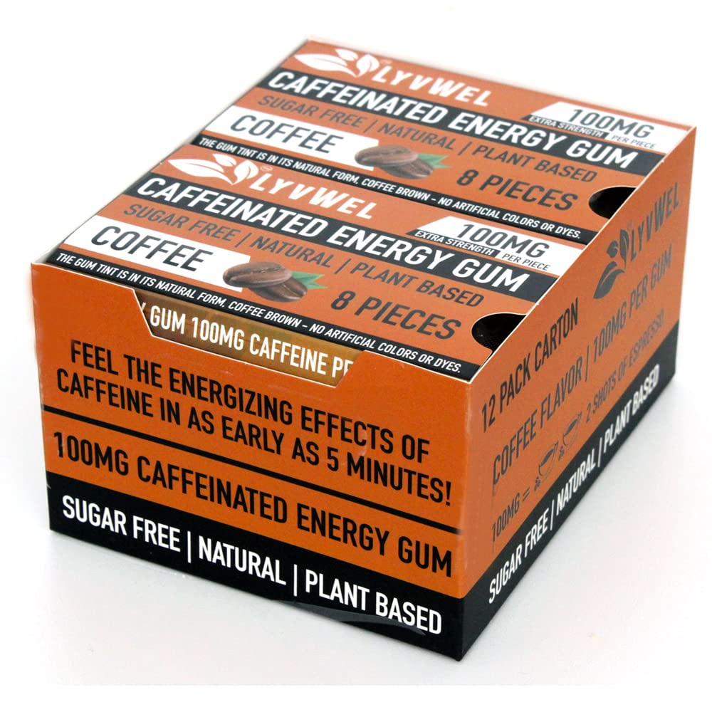 LyvWel Energy Gum 124; 100 mg kofeiny na klejnot 124; All Natural Golden 124; Sugar-Free Pre- Workout Boost: Twój niezbędny suplement energetyczny, aby pozostać na wake- Pudełko 12 opakowanie (Coffee- 12 Pack)