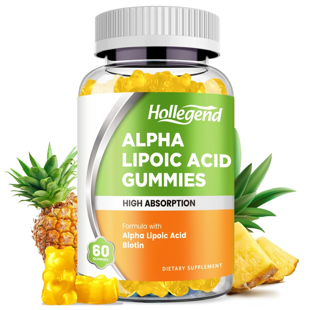 Alpha Gummies kwasu lipoinowego 1000Mg z biotyną, Wysoka Absorpcja do żucia ALA Suplement przeciwutleniacz, Zdrowie mózgu i Nerwy Wsparcie, Smak ananasowy, Cukier wolny, 60 żuć