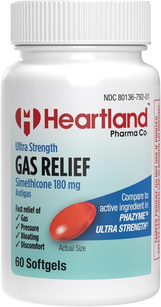 Simeticone 180mg ↓ 124; Ultra Strength Gas Relief ↓ 124; Bloating Relief ↓ 124; Softgels for Abdominal Discomfort ↓ 124; 60 Count