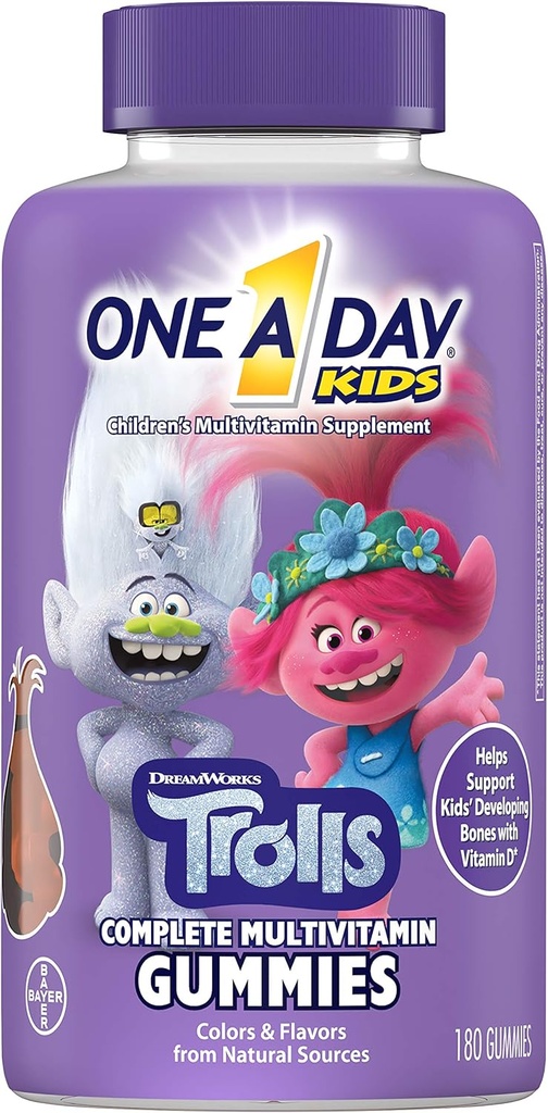 One A Day Kids Trolls Multivitamin Gummy, Kids Vitamin with Vitamin A, B6, B12, C, D, E, Cynk, Kwas foliowy i Biotin (Packaging May Vary), Trolle, 180 Count