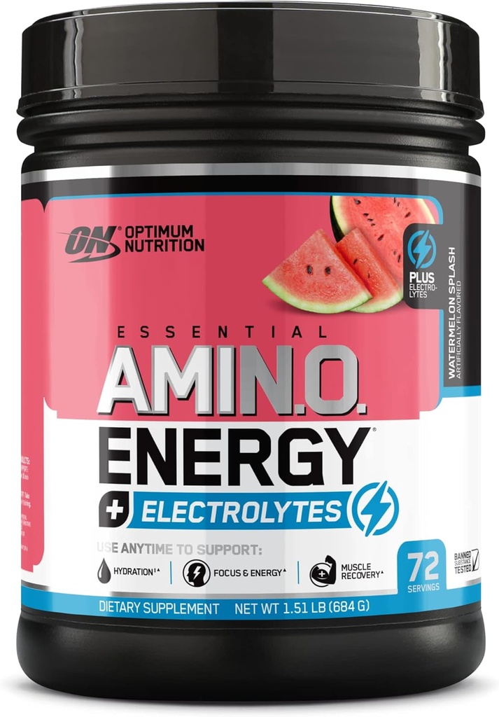 Optimum Nutrition Esential AMIN.O Energy & Electrolytes - Energy, Focus & Post- Workout Odzysk mięśni - Arbuz Wstępne-Trening Proszek Electrolyte - Arbuz Splash, 1.51 lb (72 Sługi)