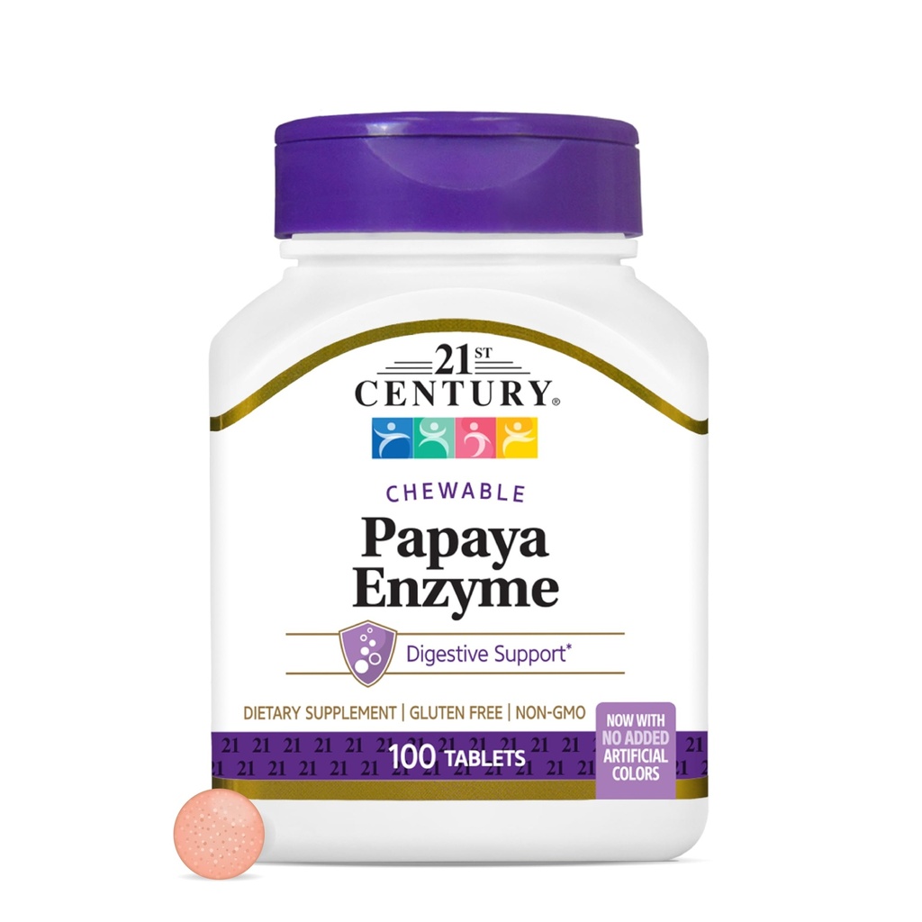 21 Century Papaya Enzyme Chewable (100 Hrabia), Papaya & Ananas Digestive Enzymes for Gut Health, Tropical Flavor, Non-GMO, Gluten- Free, Bez dodatku soli, Sztuczne aromaty