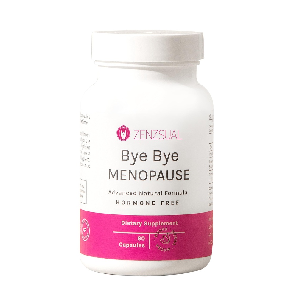 ZENZSUAL Bye Menopauza Bye z Melatonin - Naturalne wsparcie menopauzy dla kobiet - Gorące błyski, nocne poty, Hormony Równowaga & Resteful Sleep - Wegan, Estrogen- Bez menopauzy Suplement - 60 Kapsułki