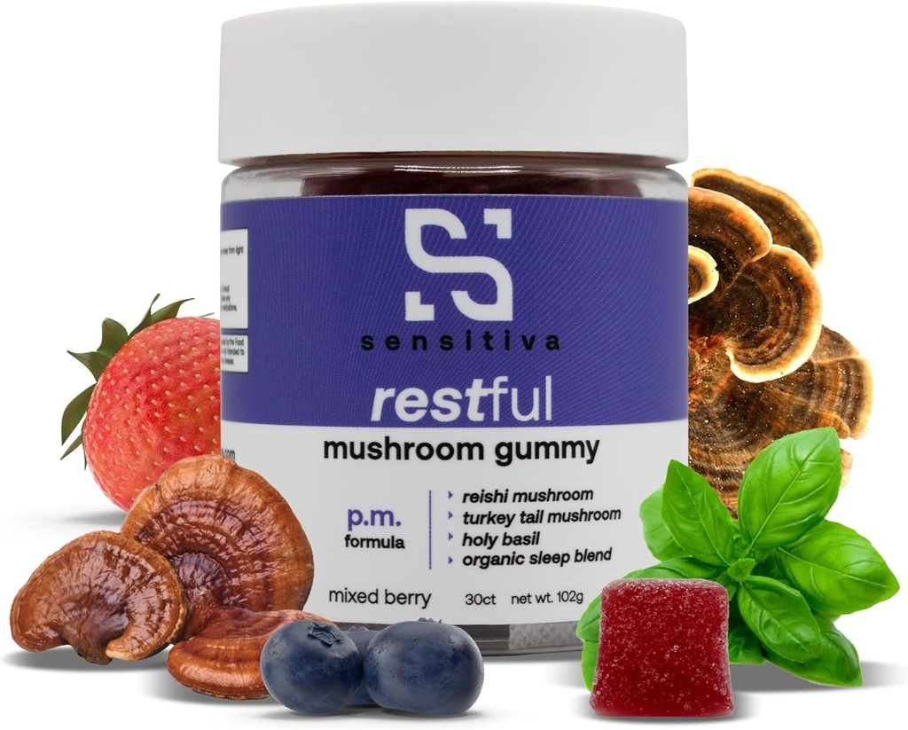Sensitiva Restful Gummies P. M. Formula - Reishi & Turkey Tail Mushroom Supplement Gummies, Mushroom Gummies for Sleep, Relaxation & Stress Relief (Mieszane Berry P.M. Formuła)