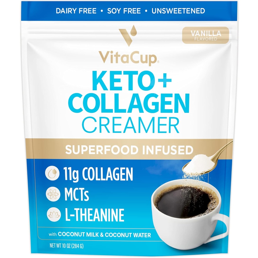 VitaCup Keto + Kolagen Kawa Creamer Vanilla Flavor z MCT, Białko Kolagenowe, Woda kokosowa, L- Theanine dla Keto Diet, Zastosowanie w Kawie, Smoothies, & Shakes, Dairy- Free, Gluten- Free, Soy- Free, 10oz