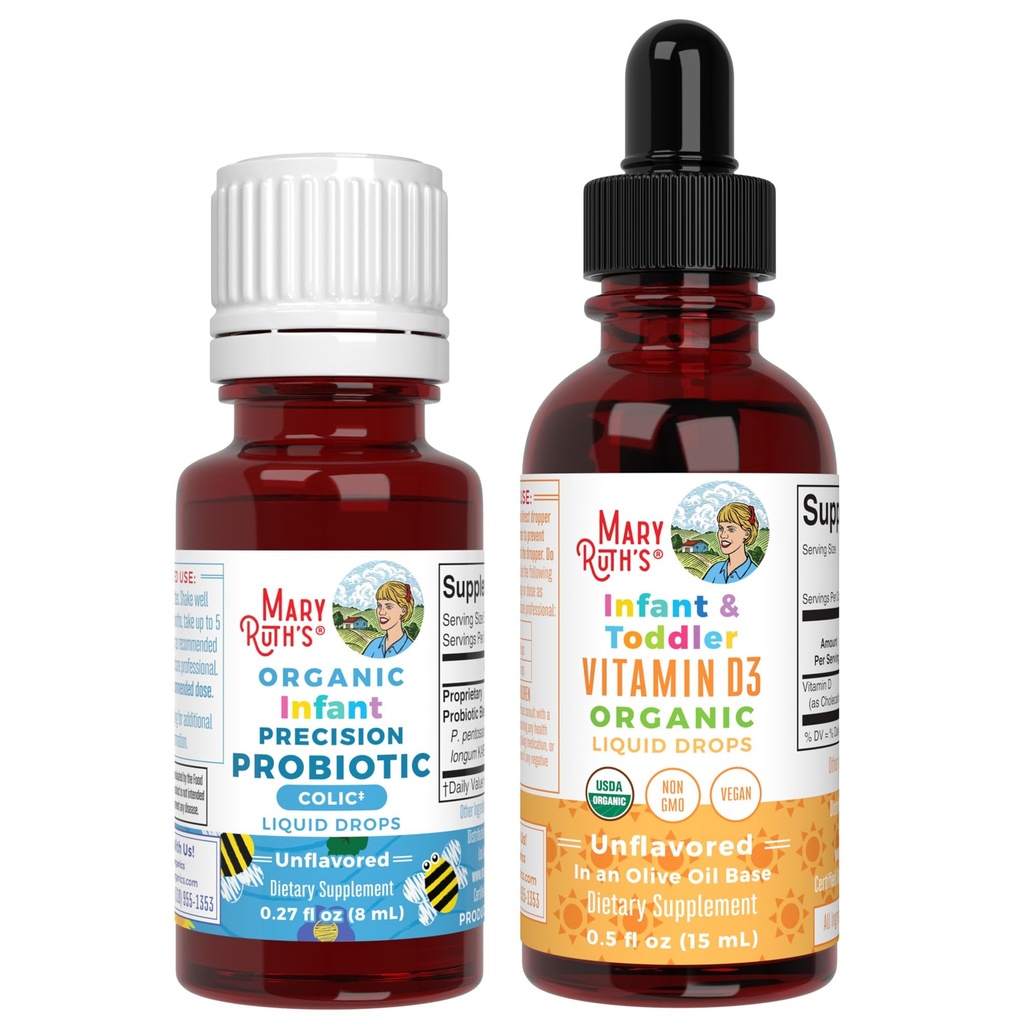 MaryRuth Organics Infant Precision Probiotics Colic & Witamina D3 Dropy do 124; USDA Organic, Clean Label Project Verified ® Revised 124; Witaminy do immunologicznego wsparcia i ogólnego Wellness 124; Wegan, Non-GMO, Gluten Free