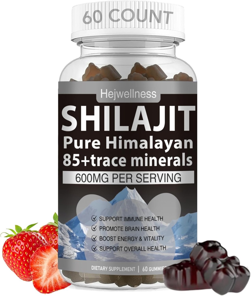 Shilajit Gummies - 600 mg Natural Organic Shilajit Resin z 85 + Ślad minerałów, kwasu Fulvic & Phytonutrients - Strawberry Flavor - for Energy, Immune Support - 60 Gummies, 1 Miesiąc Dostawy