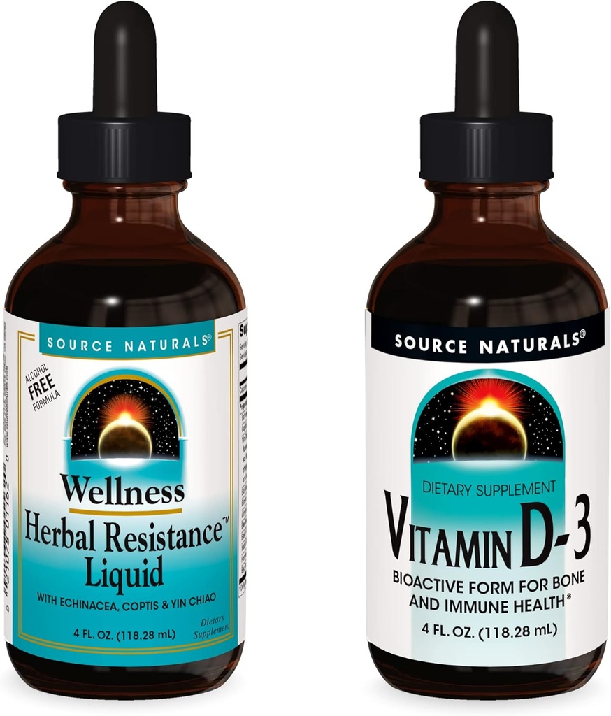 Source Naturals Liquid Supplements, Herbal Resistance and 2000 iu Witamina D- 3- 4 Oz Butelki