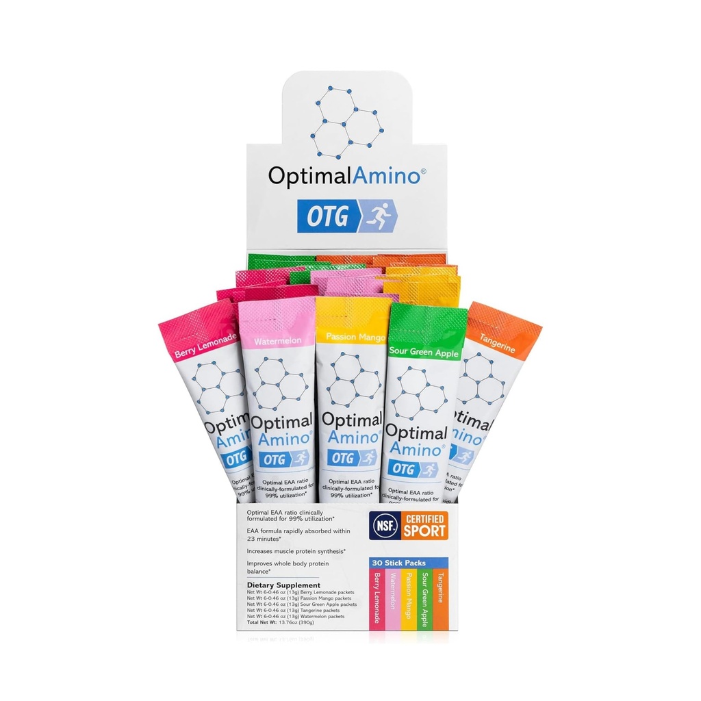 OptimalaAmino OTG Stick Packs, 5 Flavor Variety Box (30 Count), 99% zużyty Essential Amino Acid (EAA) Suplement, Zwiększenie Odzyskiwania Mięśnie, Wegan / Keto przed / post Workout, NSF Certified for Sport