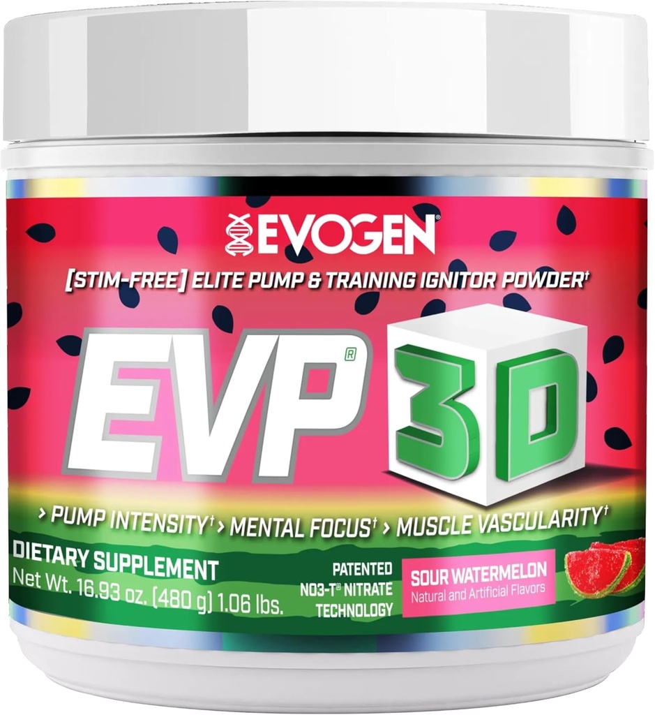 Evogen EVP 3D - Proch do wstępnego treningu bez Stim dla mężczyzn i kobiet 124; Wolny od cukru Nie Stim Precuting z Beta Alanine i Creaine for Energy & Pompa 124; Sour Arbuz 124; 40 Służenie