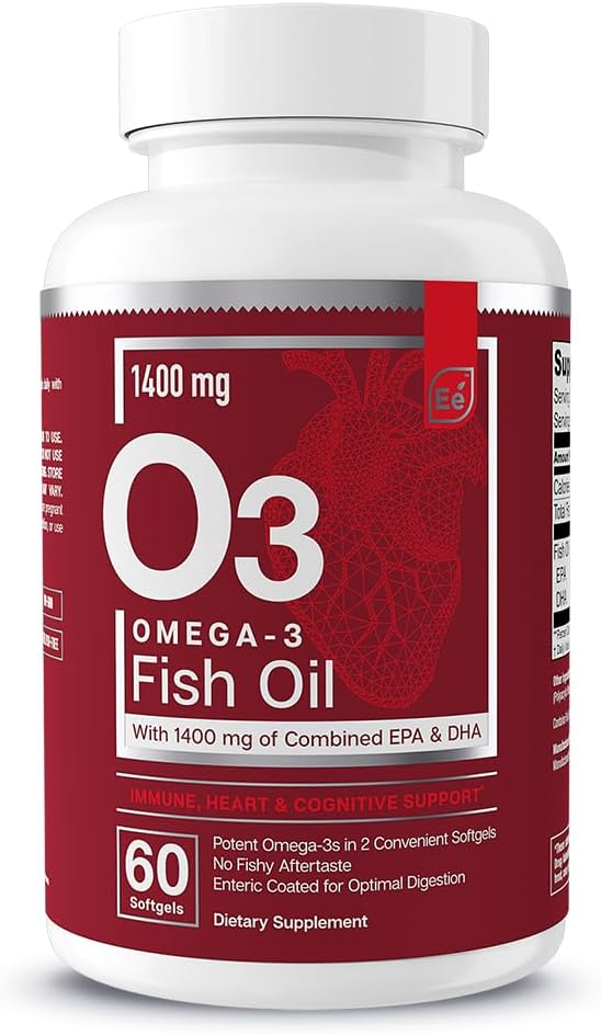 Esencyjne elementy Omega-3 Fish Oil Supplement with EPA & DHA Acids 124; Kwasy tłuszczowe dla immunologicznego, Heart & Cognitive Support 124; 60 Softgels