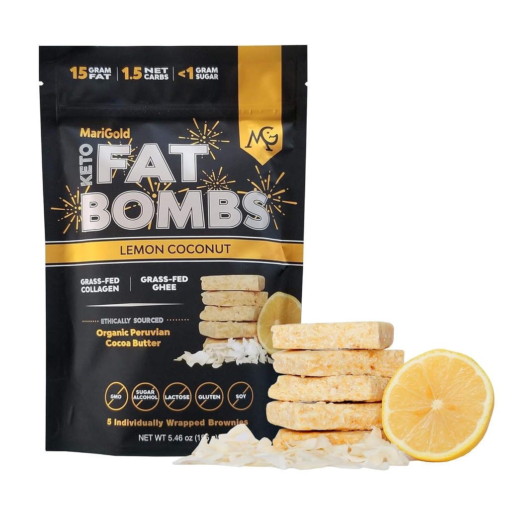 MariGold Keto Fat Bombs - Lemon Coconut - Low Carb, Collagen Rich, Grass-fed Ghee, Organic Cocoa Butter, Gluten-Free, Non-GMO (1 bag, 5 Servings)