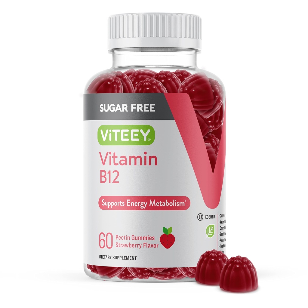 Witamina Witamina B12 Gumiaki dla dorosłych i nastolatków 1000mcg, Cukier wolny - Dobre dla energii, Metabolizm, Naturalne wsparcie energetyczne - Wegan, Żelatyna wolna, Gluten wolny, GMO wolny - Truskawka do żucia