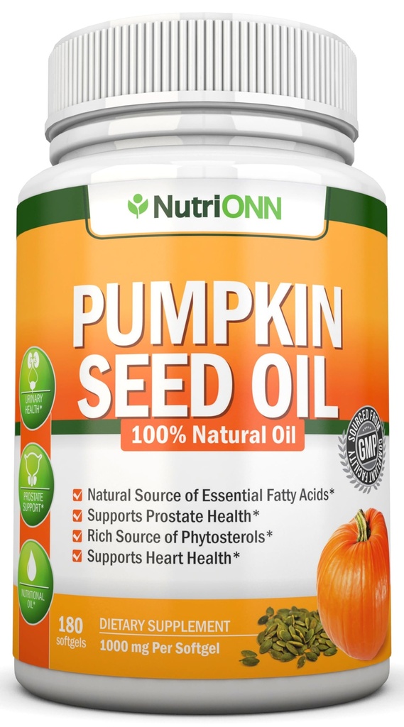 Olej z nasion dyni - 1000MG - 180 Softgels - Cold- Pressed Natural Pumpkin Seed Oil - Natural Source of Esential Fatty Acids - Super for Hair Growth, Prostate Health i GI Tract