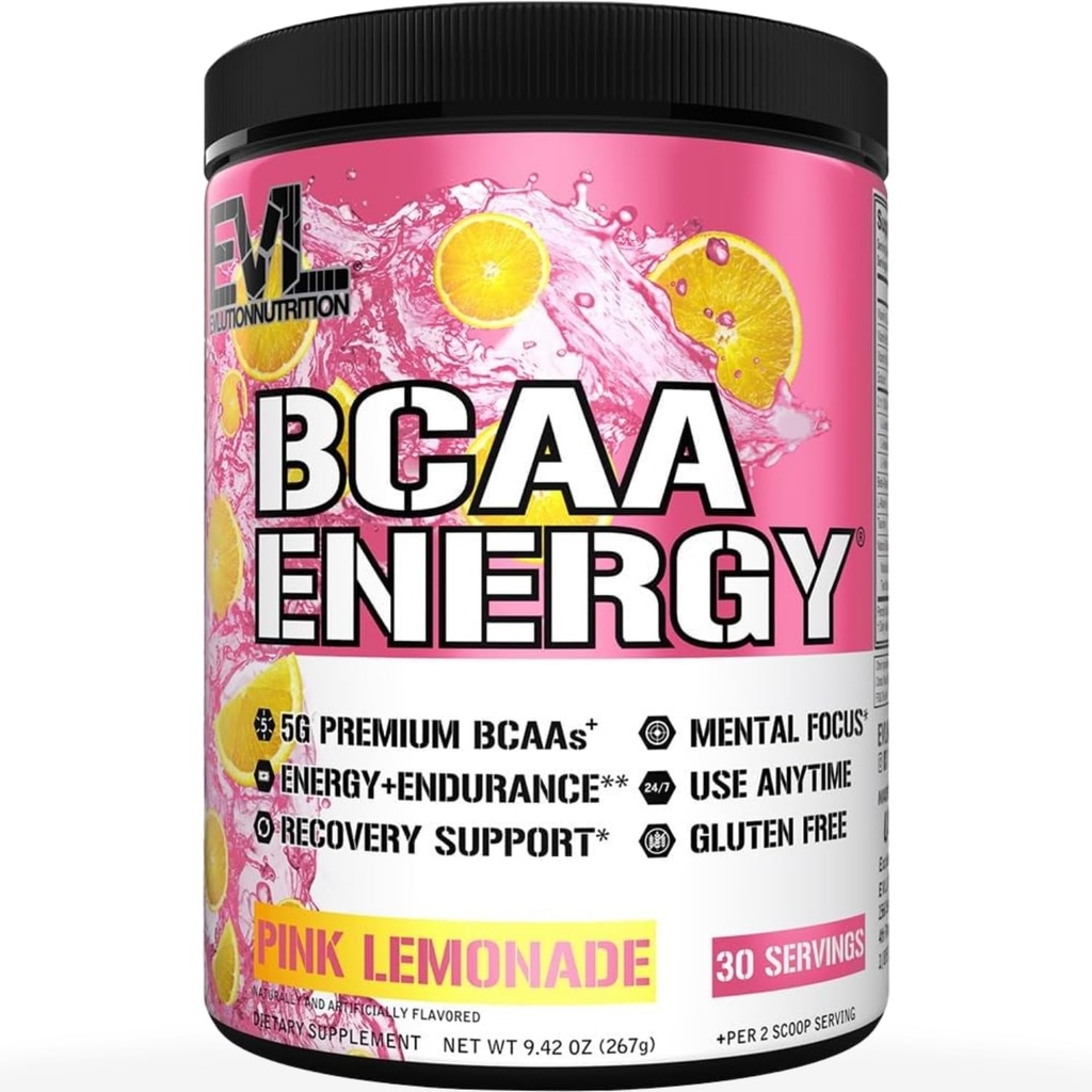 EVL BCAA Acids Acids Powder - BCAA Energy Pre Workout Powder for Muscle Recovery Lean Growth and Endurance - Nawodnienie post Workout Recovery Drink z naturalną kofeiną - Pink Lemonade