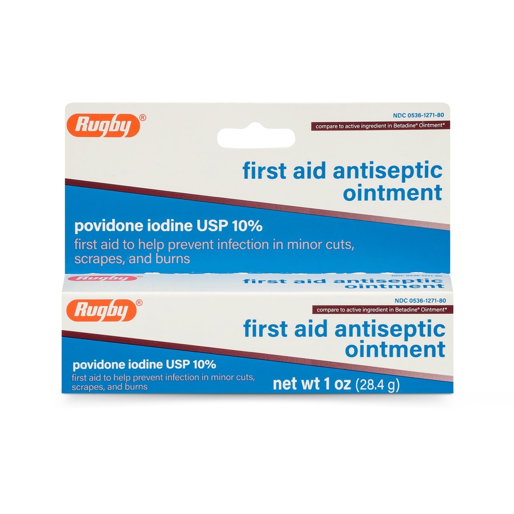 Rugby First Aid Antiseptic Ointment, Powidon Jod USP 10% Rozwiązanie tematyczne, Pomaga zapobiegać infekcji w drobnych cięć, Scrapes i Burns - 1 Oz.