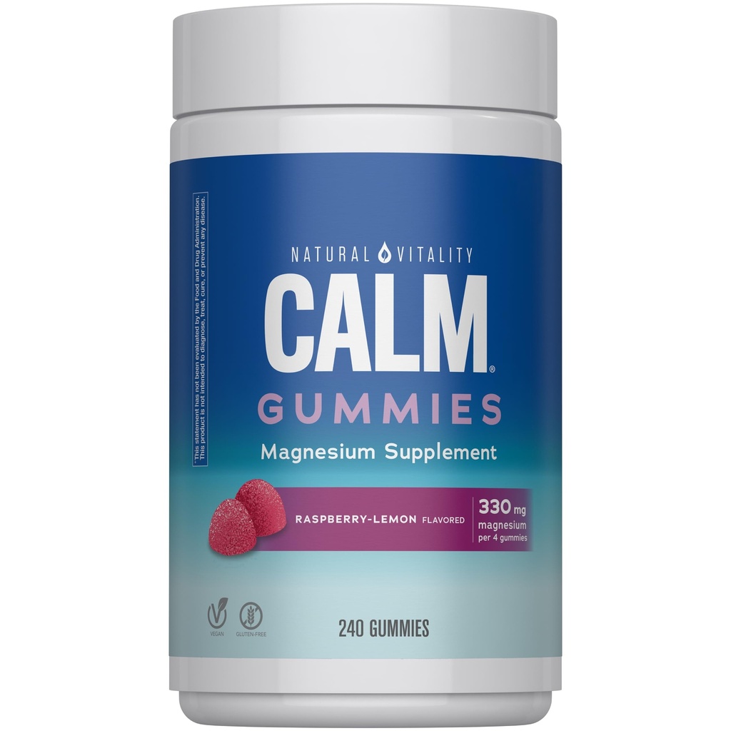 Natural Vitality Calm, suplement magnezu cytratu, Stress Relief Gummies, Wspiera zdrową odpowiedź na stres, Gluten Free, Wegan, Malina Lemon Flavored, 240 Gummies