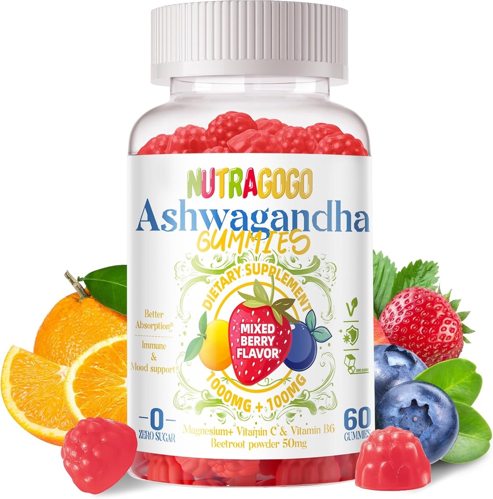 Ashwagandha Gummies & witaminy D3 Gummies 60 Count - Organic Aswangdha Suplement dla poprawy snu, Relief stresowy i spokój nastrojów (Mieszane Berry, Wegan, Roślina na bazie, Gluten- Free & Gelatin Free) -1pack